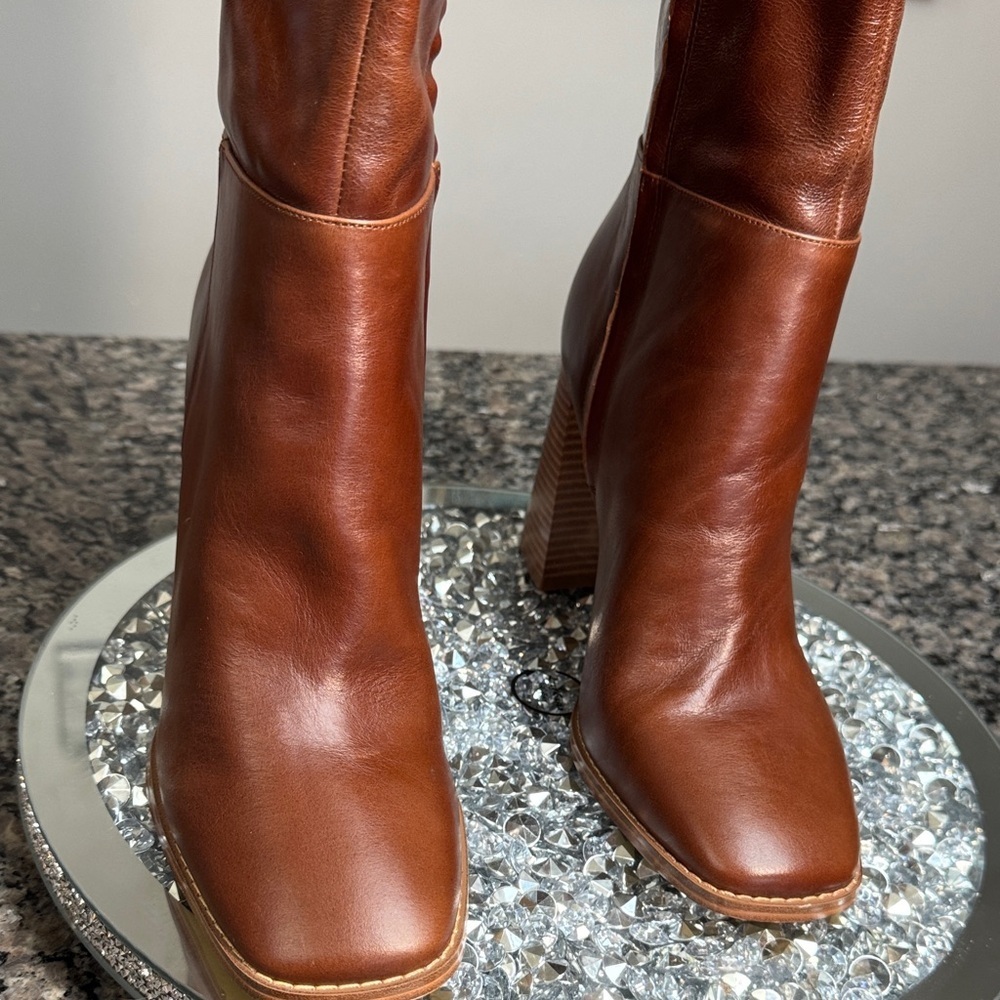 Nine West Brown Leather block heel square toe Heeled knee high Boots NEW 9 - Picture 6 of 10